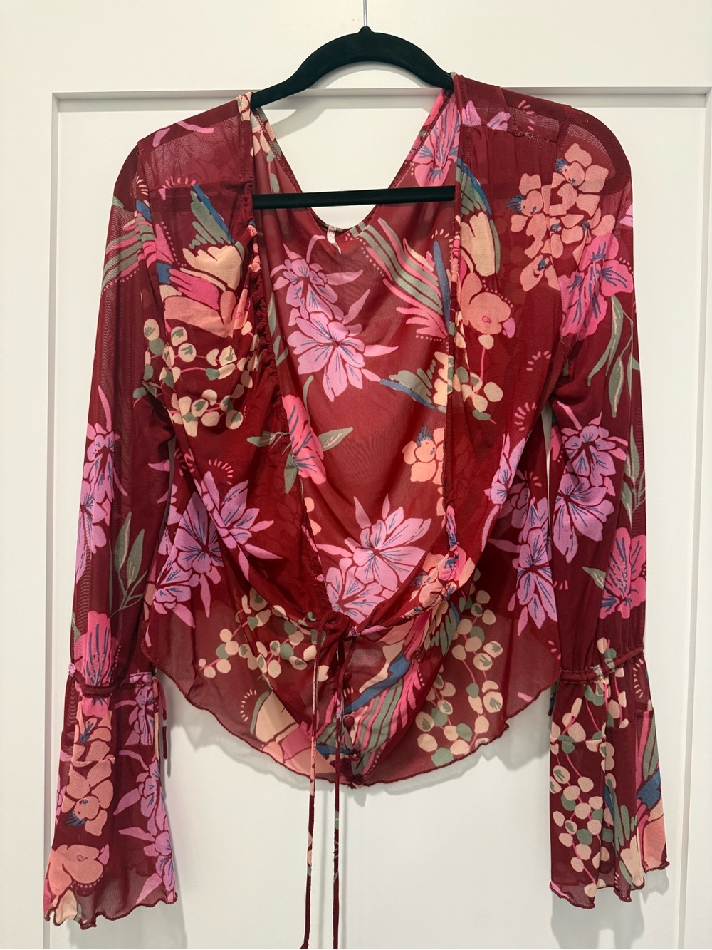 Free People Burgundy Floral Wrap Blouse with Pink Blooms